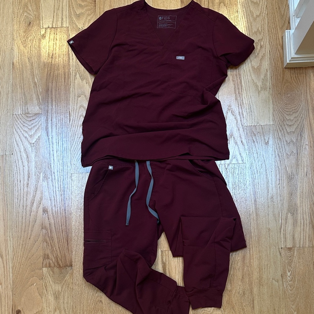 Figs Maroon V-Neck Scrub Set top and bottom